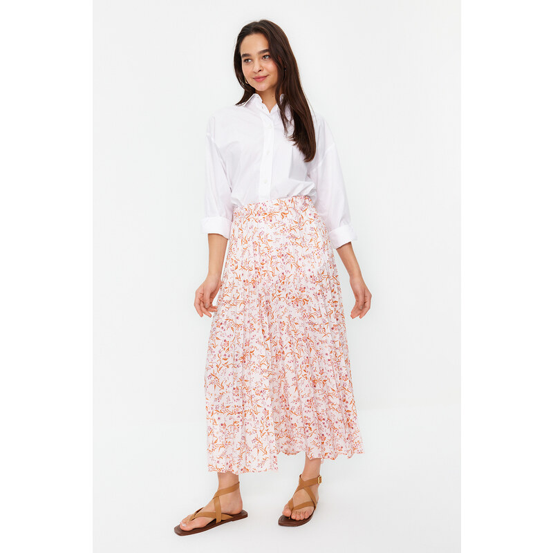 Trendyol Ecru Floral Pattern Pleated Woven Skirt with Elastic Waist