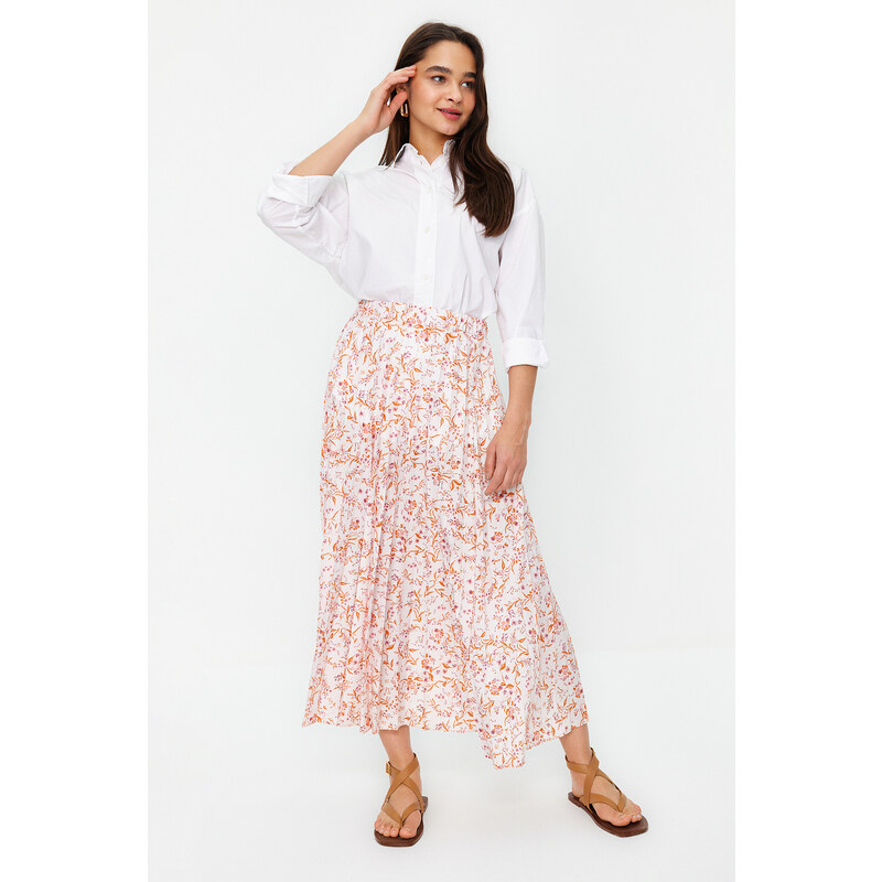 Trendyol Ecru Floral Pattern Pleated Woven Skirt with Elastic Waist