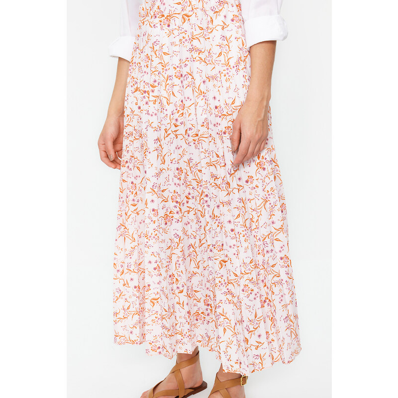 Trendyol Ecru Floral Pattern Pleated Woven Skirt with Elastic Waist