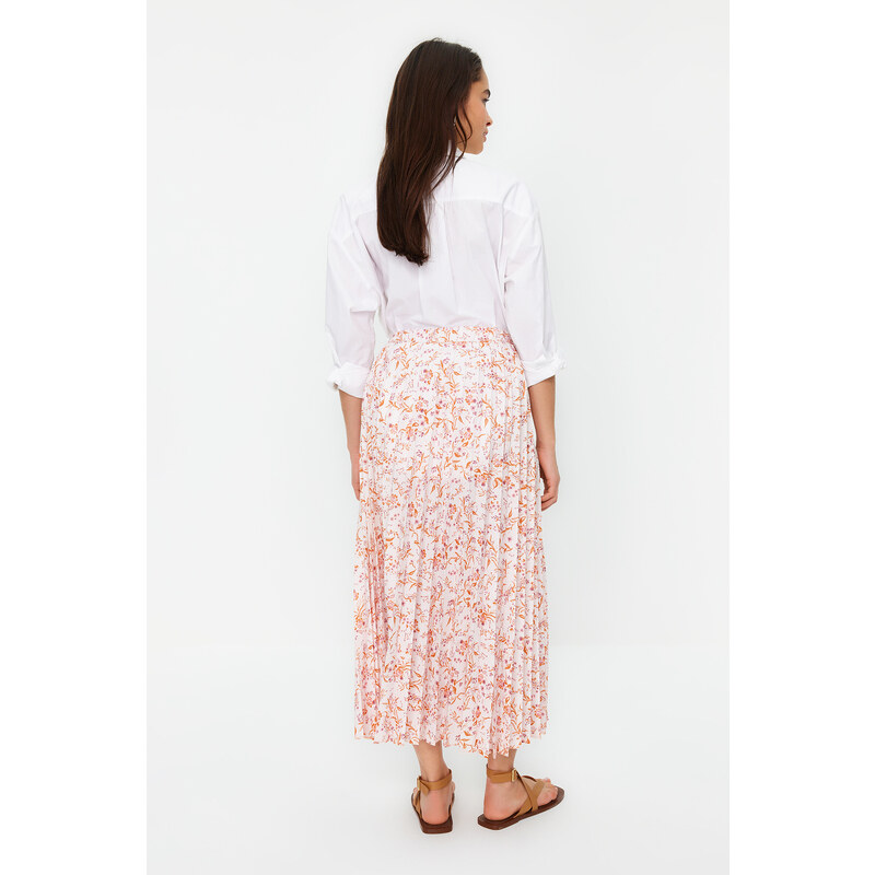 Trendyol Ecru Floral Pattern Pleated Woven Skirt with Elastic Waist