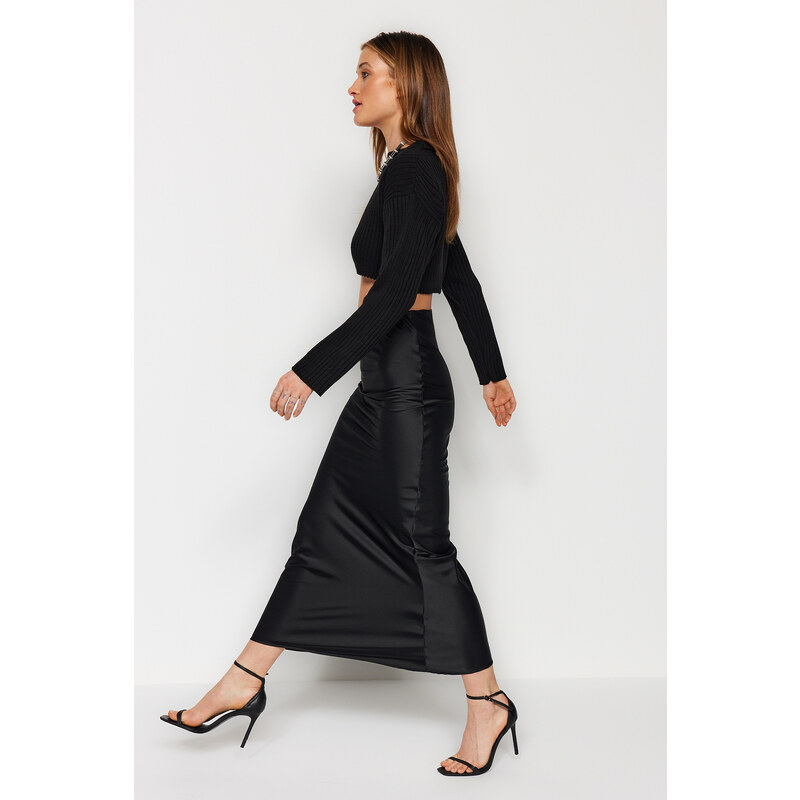 Trendyol Black Mermaid Cut Satin Maxi Length Woven Skirt
