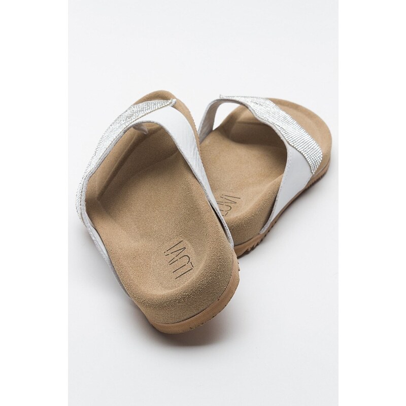 LuviShoes BEEN Women's White Stone Leather Flip Flops