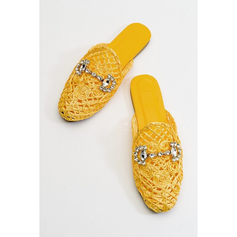 LuviShoes Noble Women's Slippers From Genuine Leather With Yellow Knitted Stones.