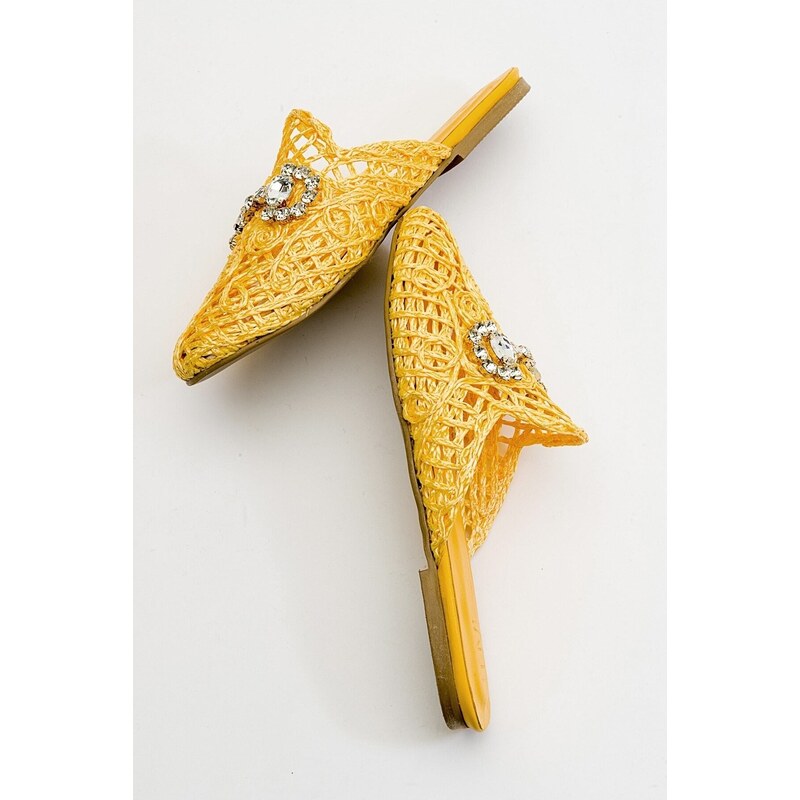 LuviShoes Noble Women's Slippers From Genuine Leather With Yellow Knitted Stones.