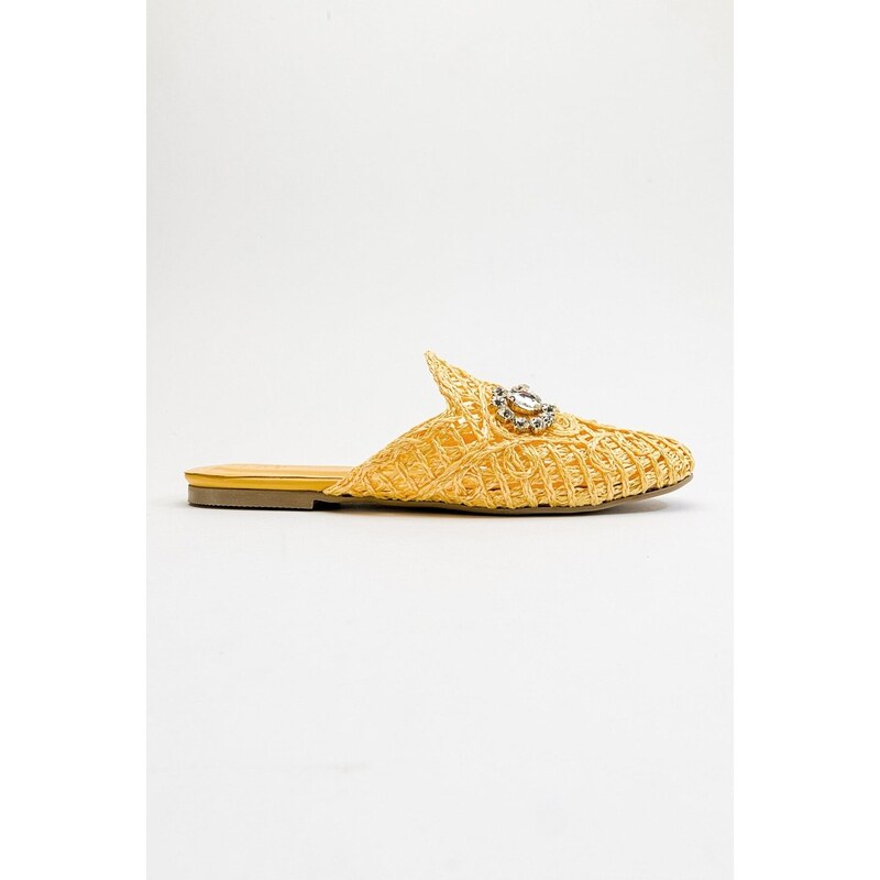 LuviShoes Noble Women's Slippers From Genuine Leather With Yellow Knitted Stones.