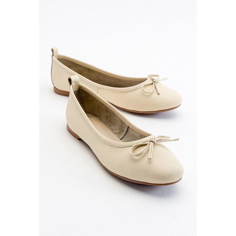 LuviShoes 01 Women's Flat Shoes with Beige Genuine Leather Ecru.