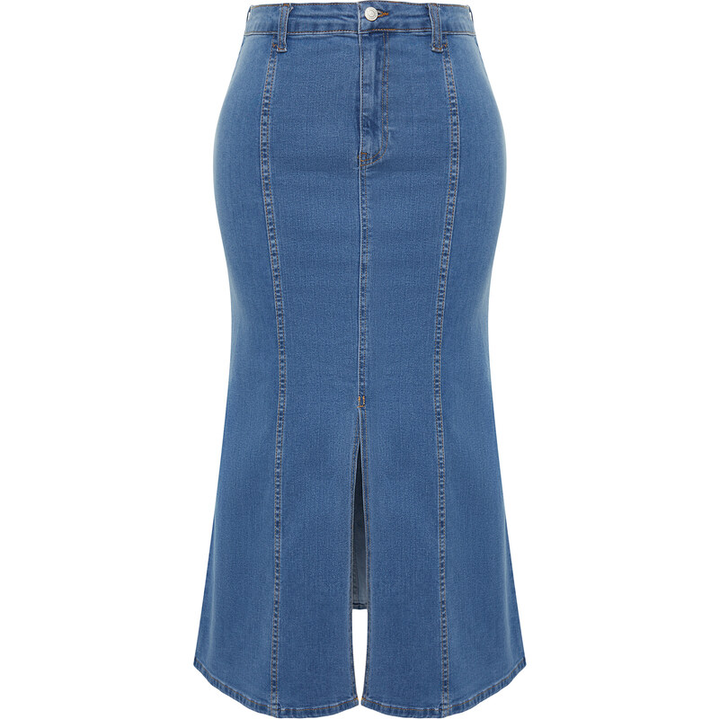 Trendyol Curve Blue Front Slit Detailed Midi Denim Skirt