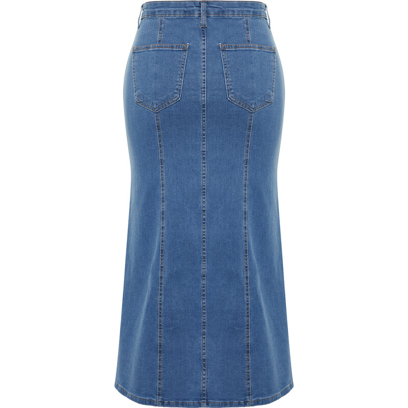 Trendyol Curve Blue Front Slit Detailed Midi Denim Skirt