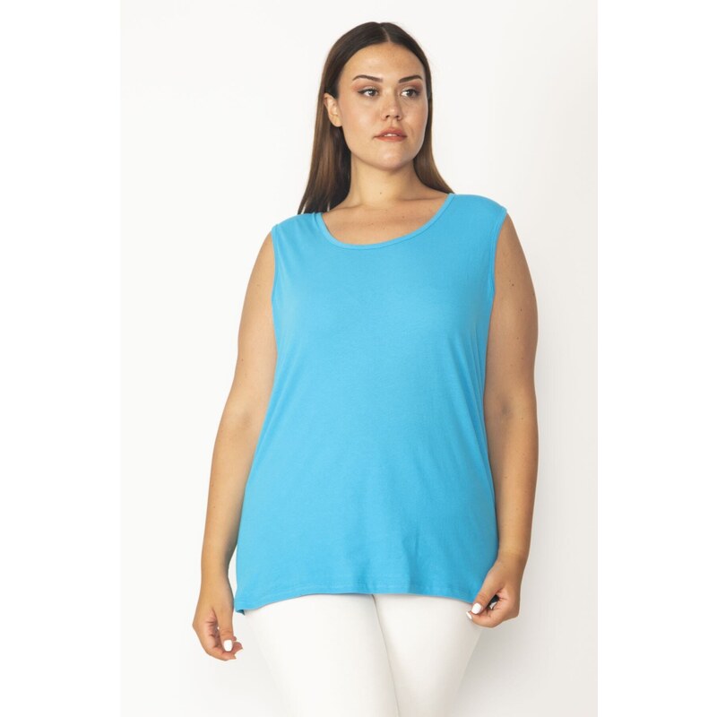 Şans Women's Plus Size Turquoise Cotton Fabric Crewneck Tank Top