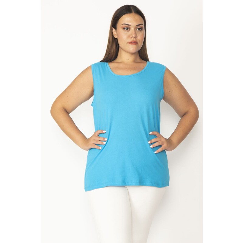 Şans Women's Plus Size Turquoise Cotton Fabric Crewneck Tank Top