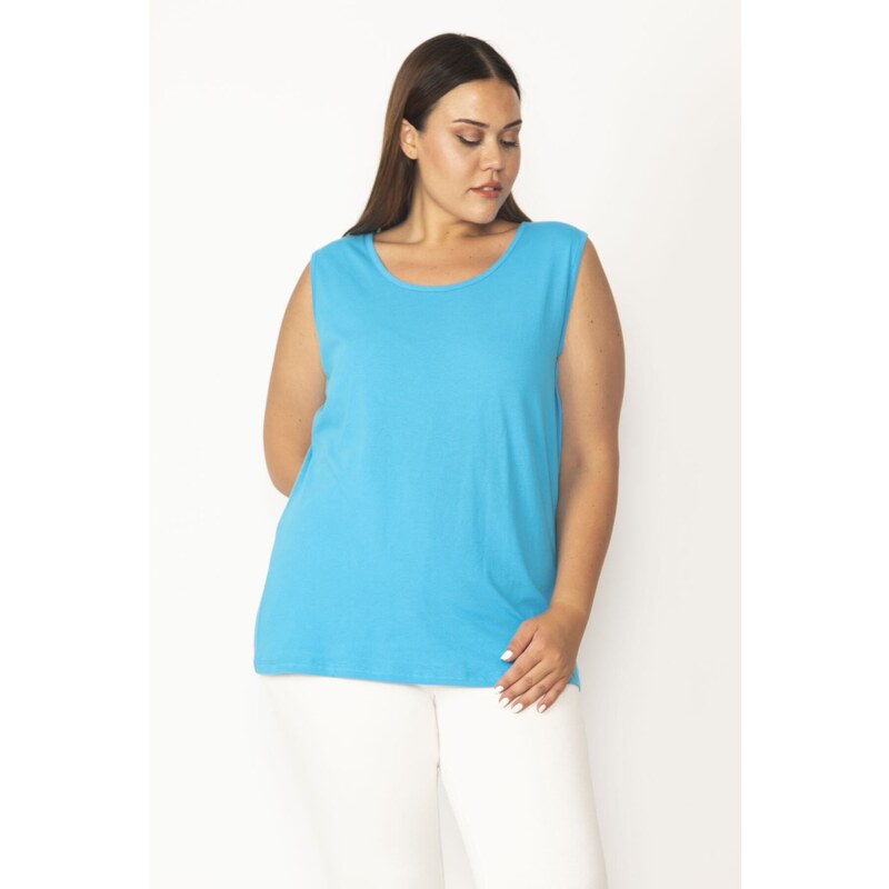 Şans Women's Plus Size Turquoise Cotton Fabric Crewneck Tank Top