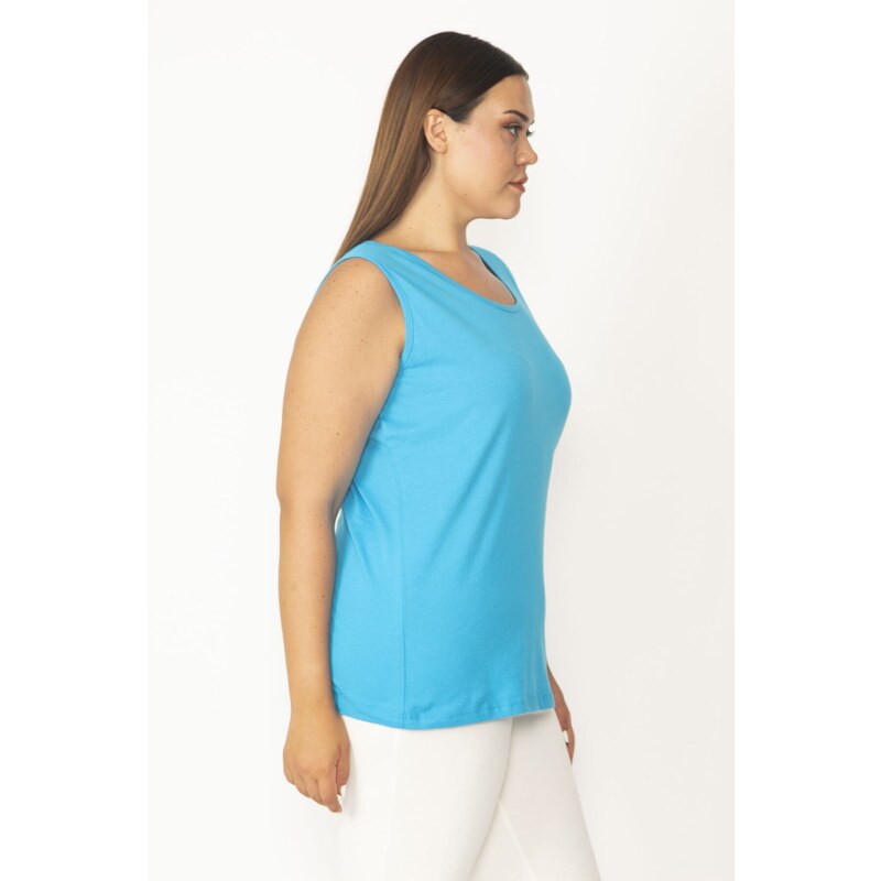 Şans Women's Plus Size Turquoise Cotton Fabric Crewneck Tank Top