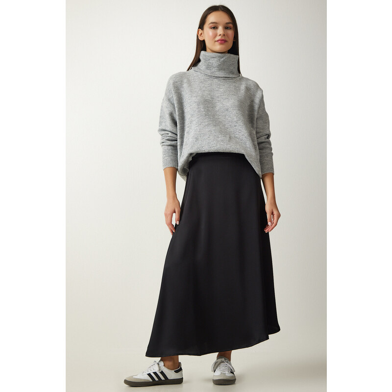 Happiness İstanbul Women's Black Asymmetrical Formed Satin Surface Skirt