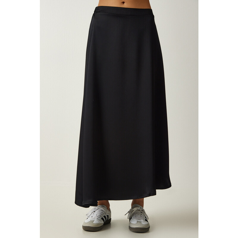 Happiness İstanbul Women's Black Asymmetrical Formed Satin Surface Skirt