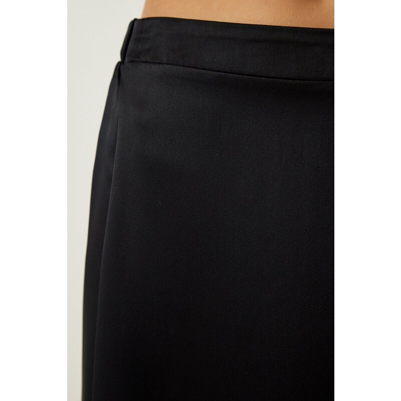 Happiness İstanbul Women's Black Asymmetrical Formed Satin Surface Skirt