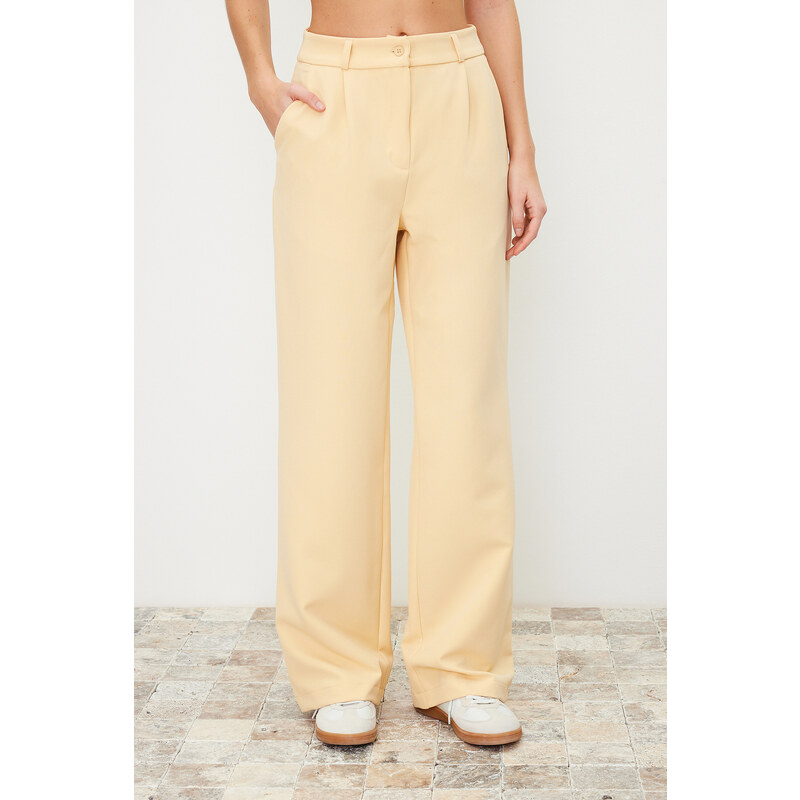 Trendyol Light Yellow High Waist Wide Leg/Wide Leg Pleated Woven Trousers