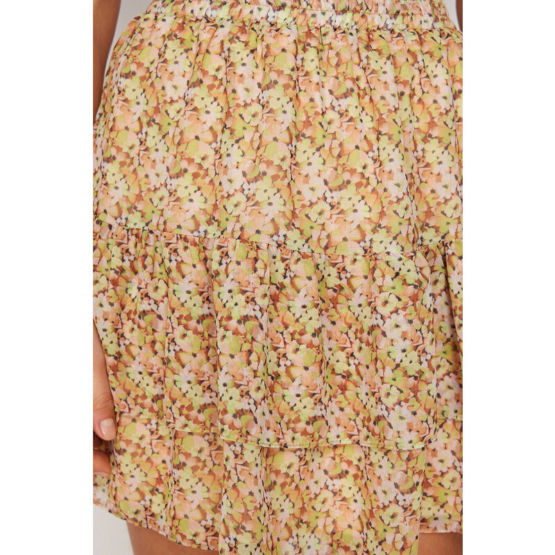 Trendyol Yellow Lined Flounce Chiffon Floral Pattern Mini Woven Skirt