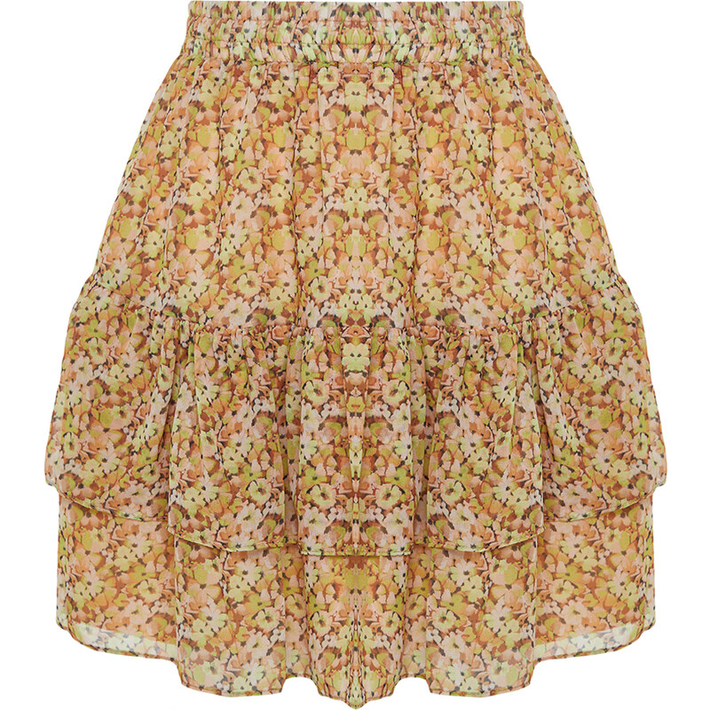 Trendyol Yellow Lined Flounce Chiffon Floral Pattern Mini Woven Skirt