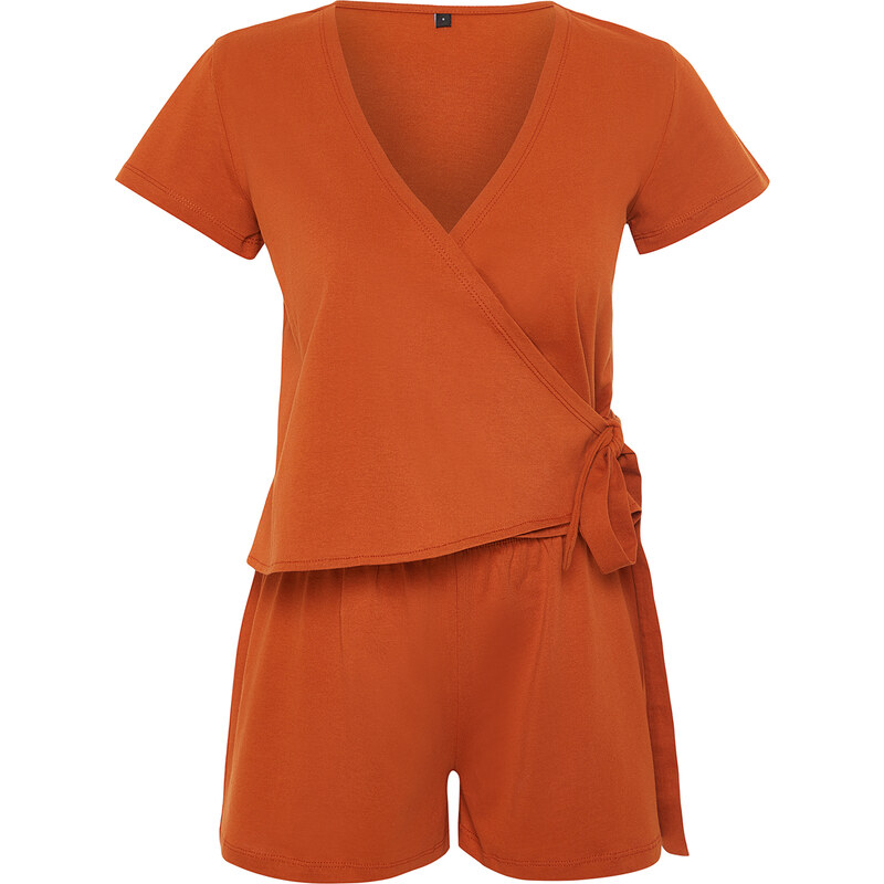 Trendyol Cinnamon 100% Cotton Tie Detailed Knitted Pajamas Set