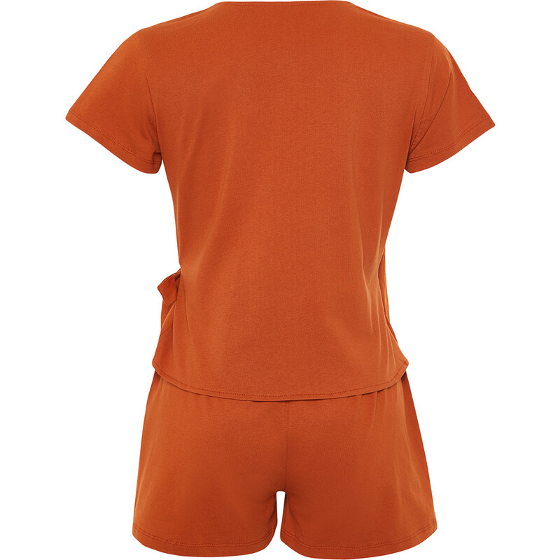 Trendyol Cinnamon 100% Cotton Tie Detailed Knitted Pajamas Set