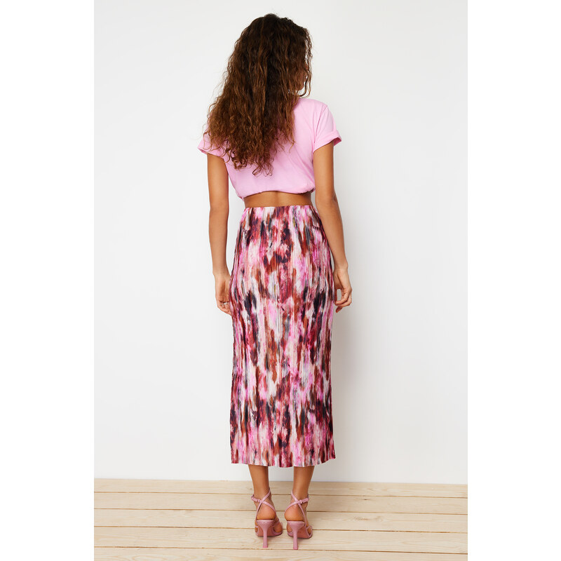 Trendyol Red Printed Pleat Maxi Knitted Skirt