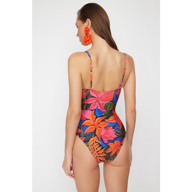 Trendyol Floral Patterned Double Breasted Tied Regular Swimsuit