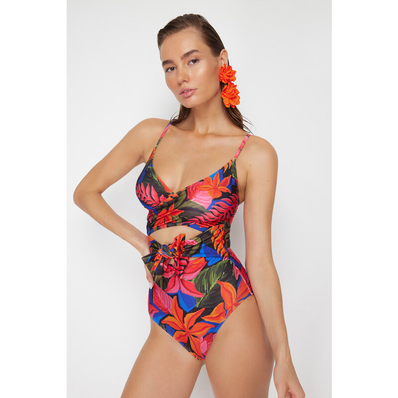 Trendyol Floral Patterned Double Breasted Tied Regular Swimsuit