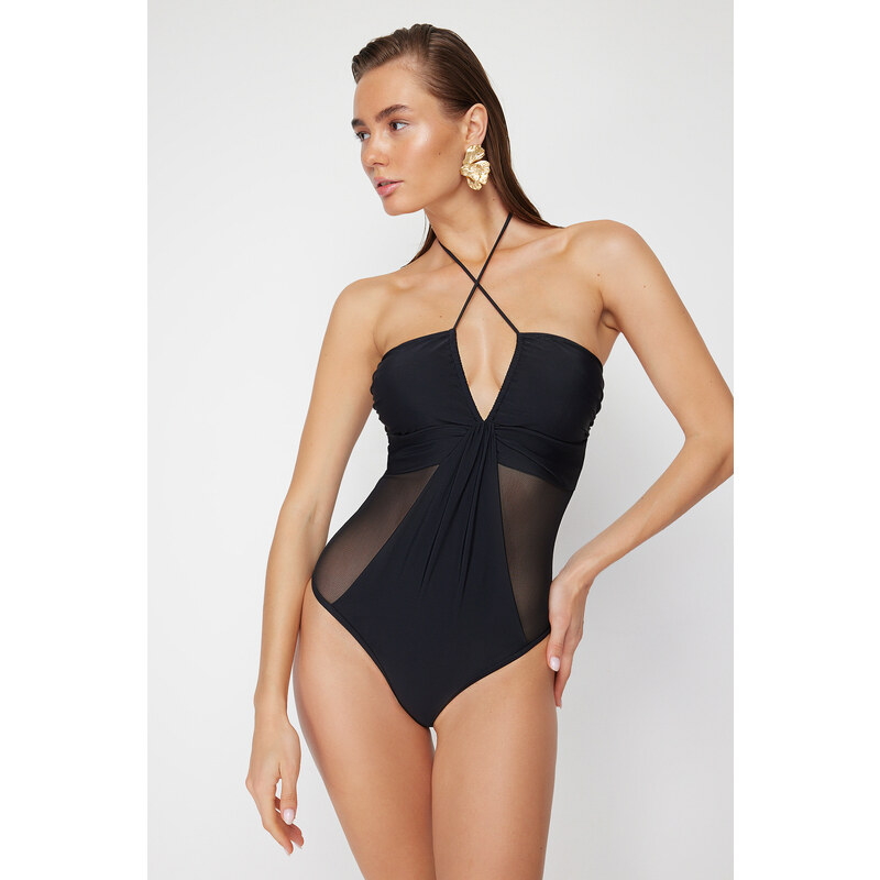 Trendyol Black Strapless Mesh Detailed High Leg Regular Swimsuit