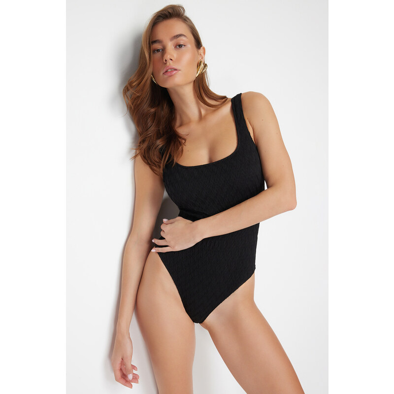 Trendyol Black Square Neck Regular Textured Swimsuit