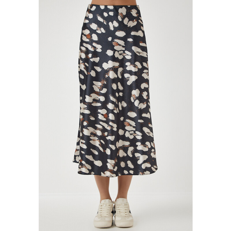 Happiness İstanbul Women's Anthracite Patterned Satin Surface Skirt