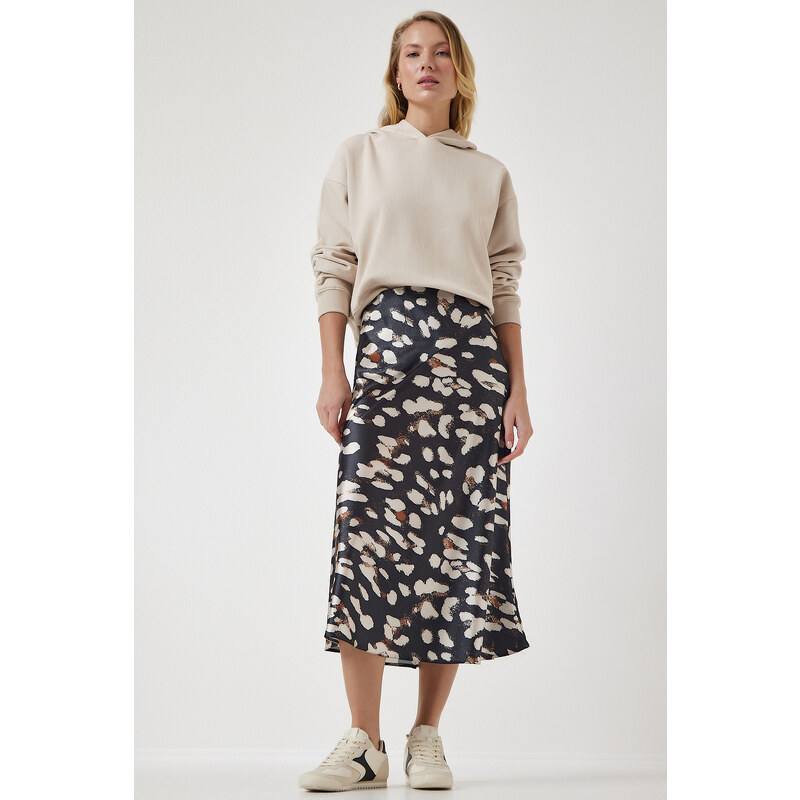 Happiness İstanbul Women's Anthracite Patterned Satin Surface Skirt