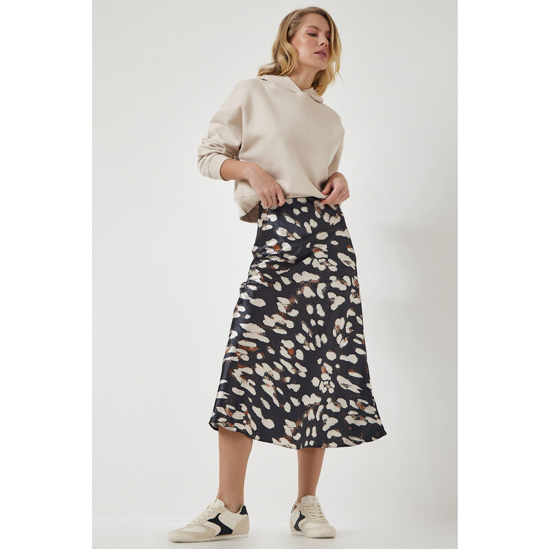 Happiness İstanbul Women's Anthracite Patterned Satin Surface Skirt