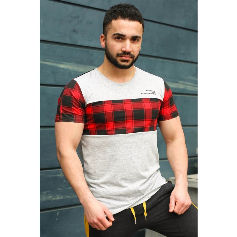 Madmext Crew Neck Plaid White T-Shirt 3004