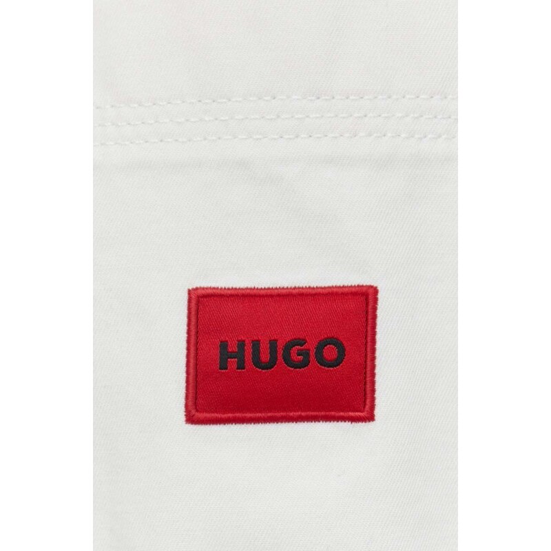 Džínová košile HUGO pánská, bílá barva, regular, s klasickým límcem