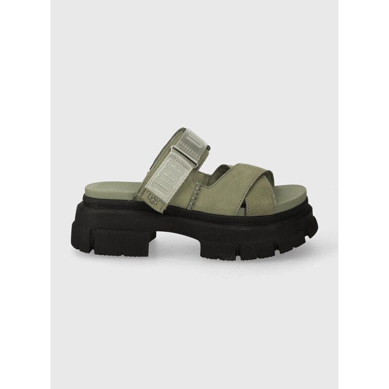Nubukové pantofle UGG Ashton Slide zelená barva, na platformě, 1136765