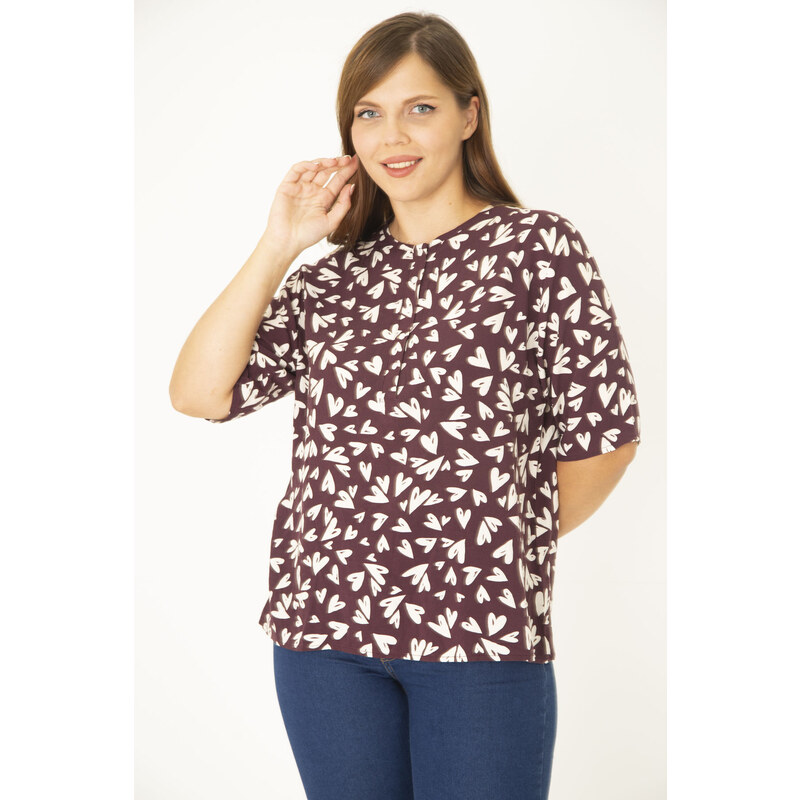 Şans Women's Plum Woven Viscose Fabric Front Pat with Buttons Short Sleeve Shirt