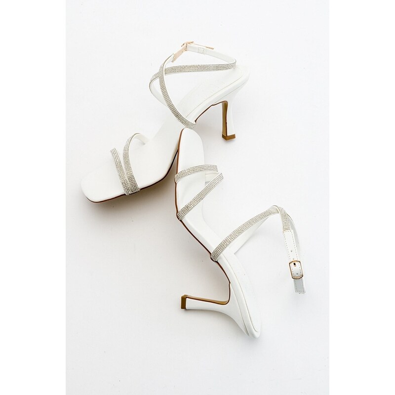 LuviShoes Ruffle White Skin Women's Heeled Shoes