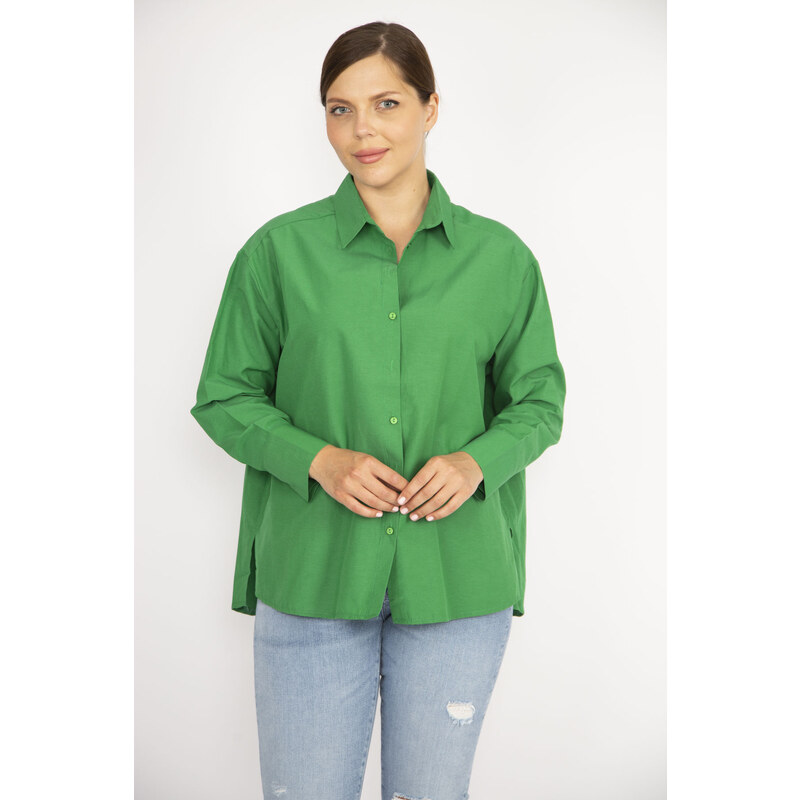 Şans Women's Plus Size Green Poplin Fabric Front Buttoned Long Sleeve Shirt with Side Slit