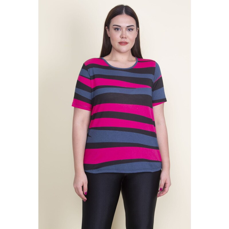 Şans Women's Plus Size Fuchsia Crew Neck Cotton Fabric T.shirt