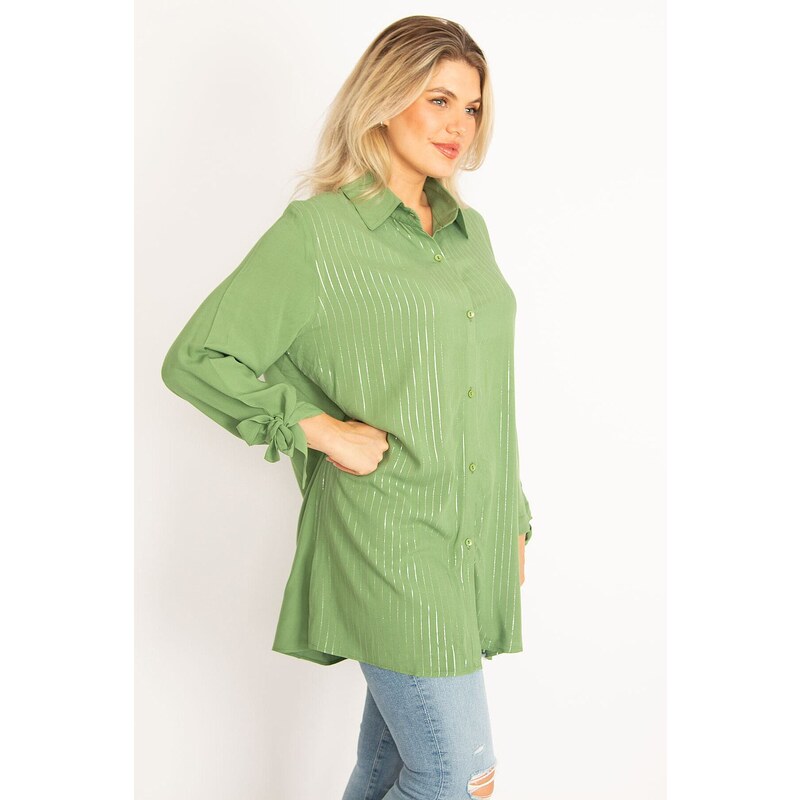 Şans Women's Plus Size Green Viscose Shirt with Front Buttons, Lace And Glitter Detail Woven