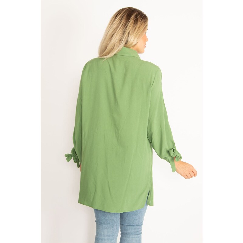 Şans Women's Plus Size Green Viscose Shirt with Front Buttons, Lace And Glitter Detail Woven