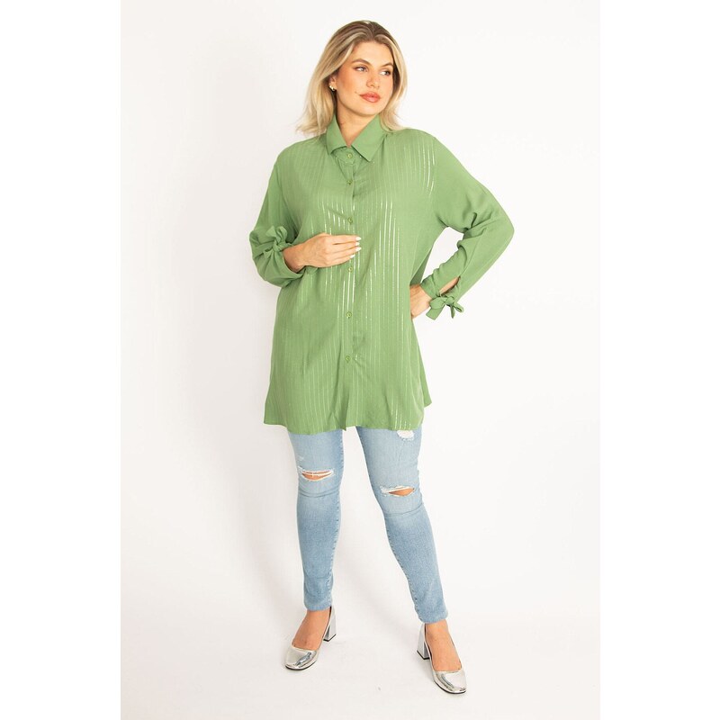 Şans Women's Plus Size Green Viscose Shirt with Front Buttons, Lace And Glitter Detail Woven