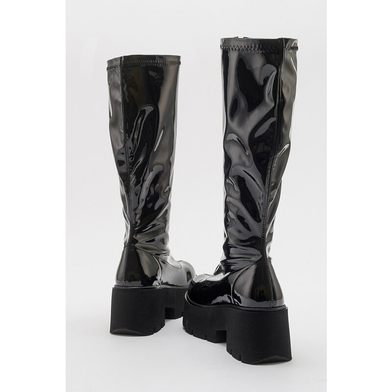 LuviShoes AMARONTE Black Patent Leather Thick Sole Women's Boots