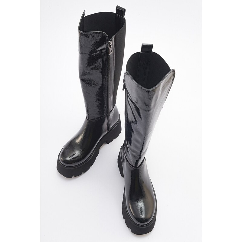 LuviShoes SOLO Black Wrinkled Patent Leather Women's Boots.