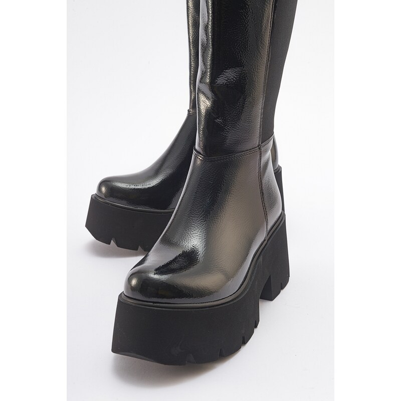 LuviShoes SOLO Black Wrinkled Patent Leather Women's Boots.