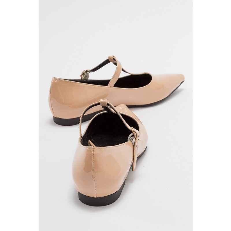 LuviShoes BULVA Women's Beige Patent Leather Flats.