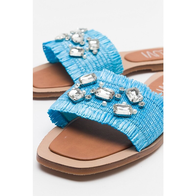 LuviShoes NORVE Bebe Blue Women's Slippers with Straw Stones.