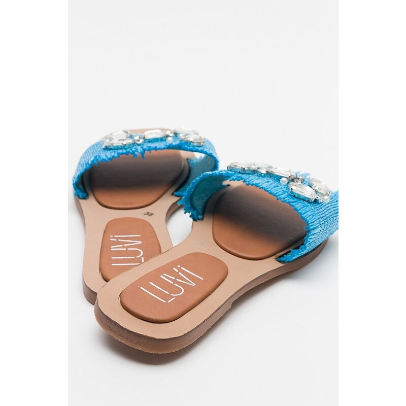 LuviShoes NORVE Bebe Blue Women's Slippers with Straw Stones.