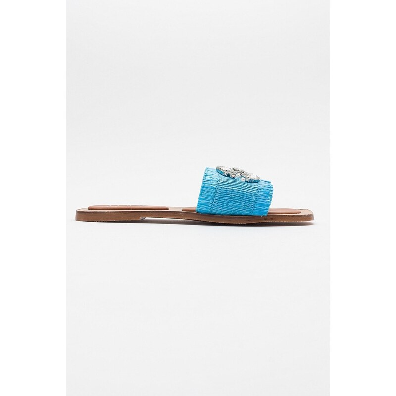 LuviShoes NORVE Bebe Blue Women's Slippers with Straw Stones.