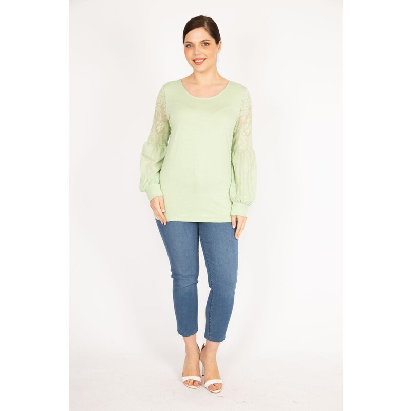 Şans Women's Green Plus Size Sleeves Tulle Lace Detailed Tunic